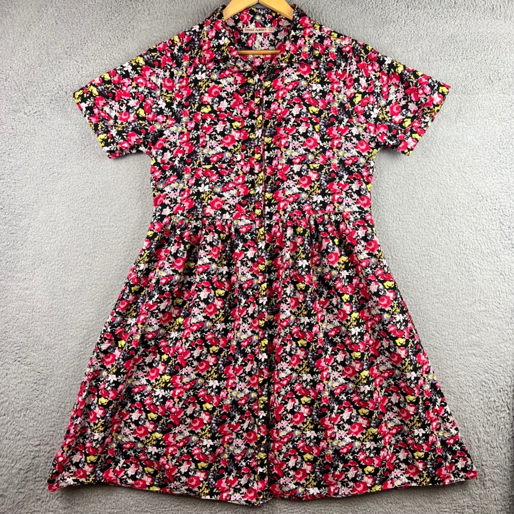 Dress Addict Womens Large Floral Button Down Shirt Dress Short Sleeve Pockets